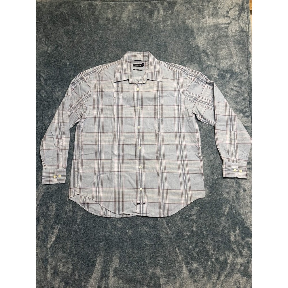 Nautica Plaid Button Down Shirt Mens L Light Blue Heather Twill